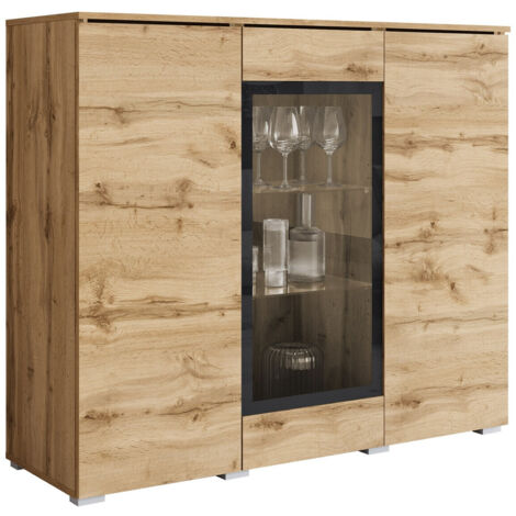 Mobilier1 – Buffet Sarasota 186 chêne wotan 120x104x40cm – Stratifié et verre trempé – Système push to open pour design épuré