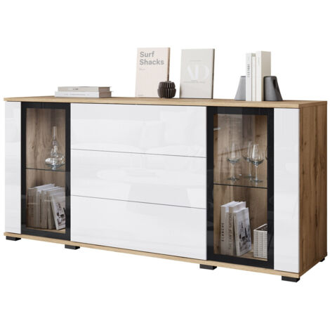 Commode Torcame 101, Chêne wotan + Blanc brillant, Avec tiroirs et portes, Nombre de tiroirs: 0, 70x150x40cm, LED (1/5)