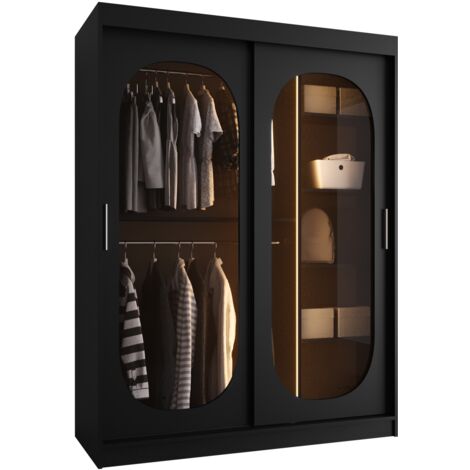 Armoire Hartford 519, Noir, 200x150x62cm, Portes d'armoire: Coulissantes, Nombre d'étagères: 3, LED (1/4)