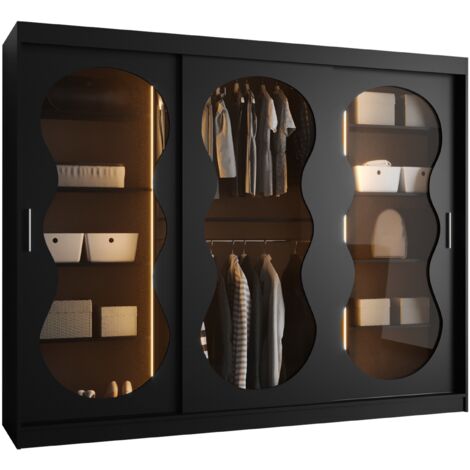 Armoire Hartford 534, Noir, 200x250x62cm, Portes d'armoire: Coulissantes, Nombre d'étagères: 9, LED (1/5)