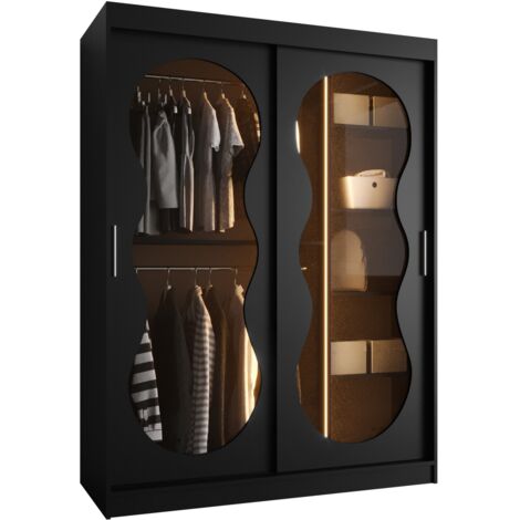 Armoire Hartford 528, Noir, 200x150x62cm, Portes d'armoire: Coulissantes, Nombre d'étagères: 5, LED (1/5)