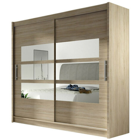 Mobilier1 – Armoire coulissante 215x180x58cm en chêne sonoma – 5 étagères – Panneaux stratifiés – Miroir pour intérieur moderne