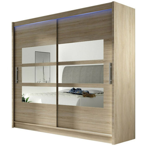 Mobilier1 – Armoire coulissante 215x180x58cm en chêne sonoma – 5 étagères – Éclairage LED intégré – Bords protégés ABS