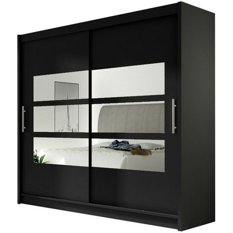 Mobilier1 – Armoire coulissante noire 215x180x58cm – 2 portes – 5 étagères – Stratifié ABS – Miroir intégré – Fabriqué en UE