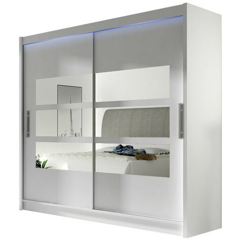 Mobilier1 – Armoire coulissante blanche 215x180x58cm – 5 étagères – Éclairage LED intégré – Design moderne pour chambre