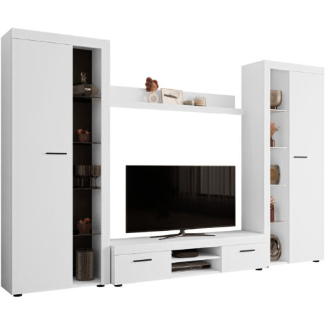 Mirjan24 – Ensemble de meubles de salon blanc – 3m large – Stratifié et verre – Avec table de TV et parties séparées – Fabrication Union Européenne