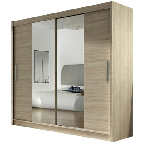 Mobilier1 – Armoire coulissante chêne Sonoma 215x180x58cm – 5 étagères ajustables – Miroir intégré – Pour rangement optimisé