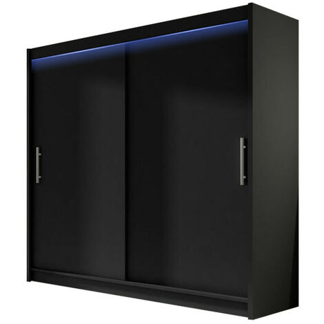 Mirjan24 – Armoire coulissante noire 215x180x58cm – 5 étagères – Éclairage LED intégré – Stratifié durable pour un rangement moderne