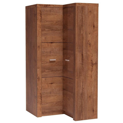 Mobilier1 – Armoire d'angle frêne 192x106x90cm – 2 portes avec charnières – 5 étagères – Fabriqué en Europe – Poignées en métal