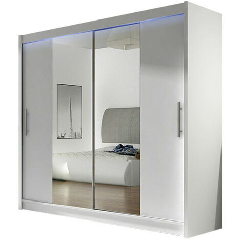 Mobilier1 – Armoire coulissante blanche 215x180x58cm – 2 portes – Éclairage LED intégré – Stratifié – Pour rangement moderne