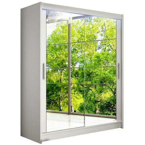 Armoire Closico 127, Blanc, 200x150x58cm, Portes d'armoire: Coulissantes, Nombre d'étagères: 5, LED