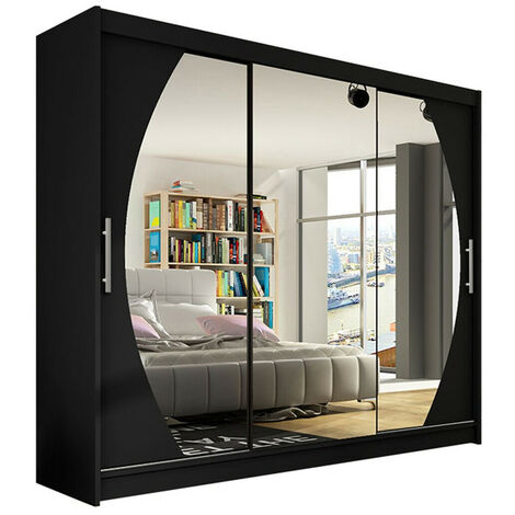 Mirjan24 – Armoire coulissante 3 portes noir 215x250x58cm – 9 étagères stratifié – Fabriqué en Union Européenne – Bords protégés ABS (1/4)