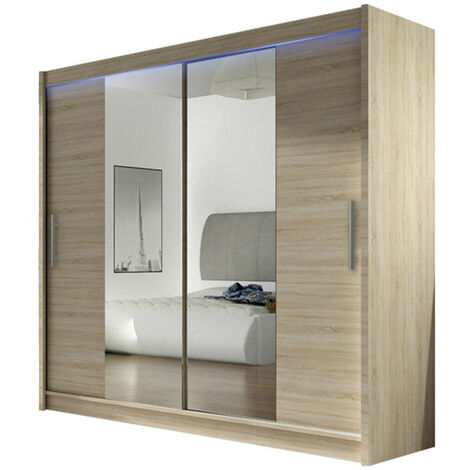 Mobilier1 – Armoire coulissante 215x180x58cm en chêne sonoma – 5 étagères – Éclairage LED moderne – Stratifié durable