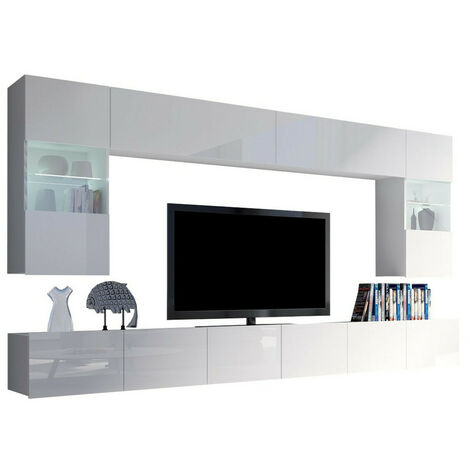 Mobilier1 – Ensemble de meubles de salon 6 pcs – Blanc et blanc brillant – Stratifié – Dimensions table TV 300 x 31 x 43 cm – Étagère suspendue 115 x 45 x 32 cm