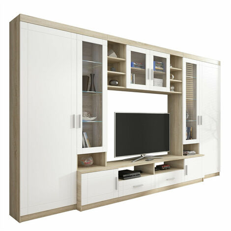Mobilier1 – Ensemble de meubles de salon Tucson 108 – Stratifié MDF et verre – Dimensions 198x340x44 cm – Finition Sonoma chêne et blanc