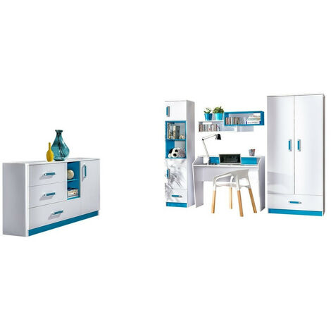 Chambre enfant complète Sorviru 107, Blanc + Turquoise