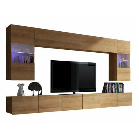 Mobilier1 – Ensemble de salon en stratifié 3000mm – Chêne doré – Éclairage LED moderne – Rangement efficace pour espaces de vie (1/5)