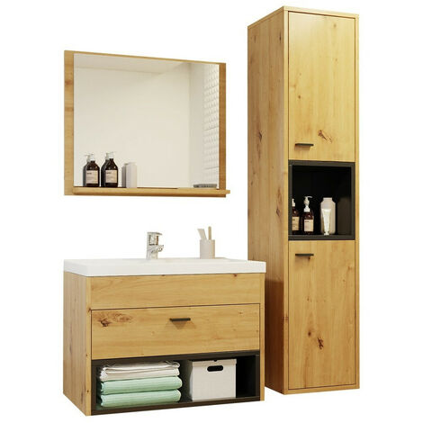 Usinestreet – Ensemble de meubles de salle de bain 3 pièces – Chêne artisan et noir – Armoire suspendue 133x30x30cm – Miroir 50x60cm inclus