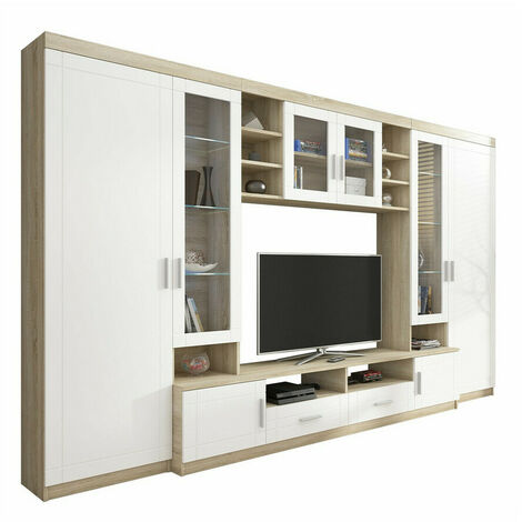 Mobilier1 – Ensemble de meubles de salon Tucson 108 – Chêne Sonoma et blanc – Largeur 340 cm, hauteur 198 cm, épaisseur 1.6 cm – Éclairage LED intégré