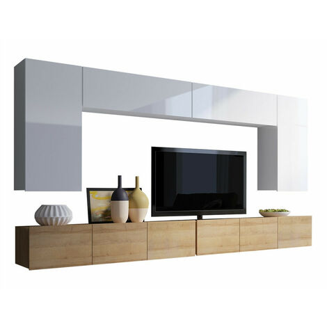 Mobilier1 – Ensemble de meubles de salon avec table TV – Chêne doré et blanc brillant – Dimensions 3000 x 430 mm – Stratifié durable (1/4)