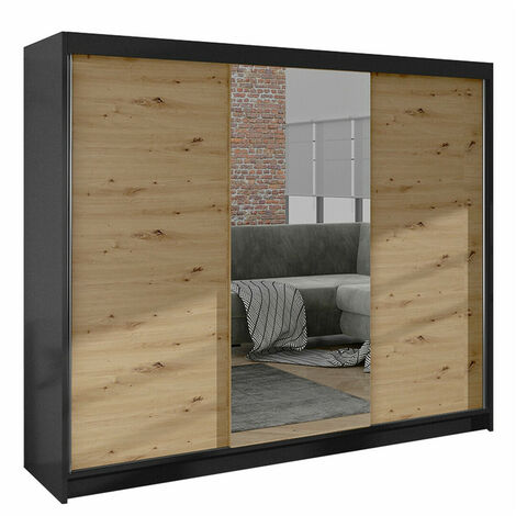 Mirjan24 – Armoire coulissante 215x200x58 cm en noir et chêne artisan – 3 portes – 9 étagères – Stratifié pour un design moderne