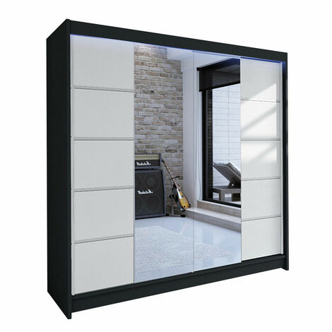 Mirjan24 – Armoire coulissante 215x180x58cm – Noir et blanc – 5 étagères – Éclairage LED – Poignées en métal – Fabriquée en Union européenne (1/4)