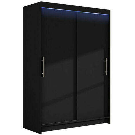 Mirjan24 – Armoire coulissante noire 200x120x58cm – 2 portes – 5 étagères – Éclairage LED intégré – Stratifié durable