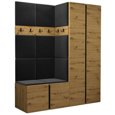Mobilier1 – Meuble d'entrée Hartford 266 – Chêne artisan – Dimensions 186x158x46 cm – Tapisserie et stratifié – À suspendre ou à poser (1/5)
