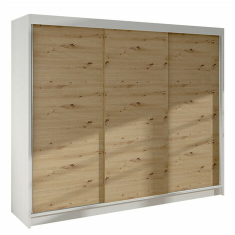 Mobilier1 – Armoire chêne artisan 215x200x58cm – 3 portes coulissantes – 9 étagères – Fabriquée en Europe – Poignées en métal