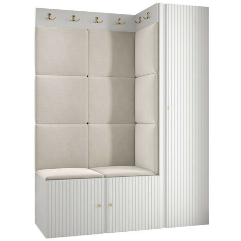 Mobilier1 – Meuble d'entrée Hartford 385 blanc – Dimensions 186x124x46 cm – MDF stratifié – Panneaux muraux souples – Fixation murale recommandée