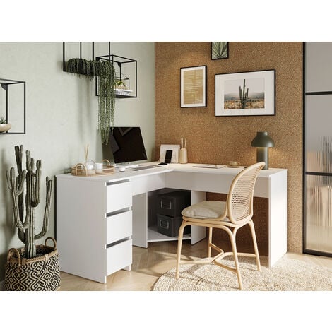 Bureau d'angle avec rangements et étagères blanc LEON