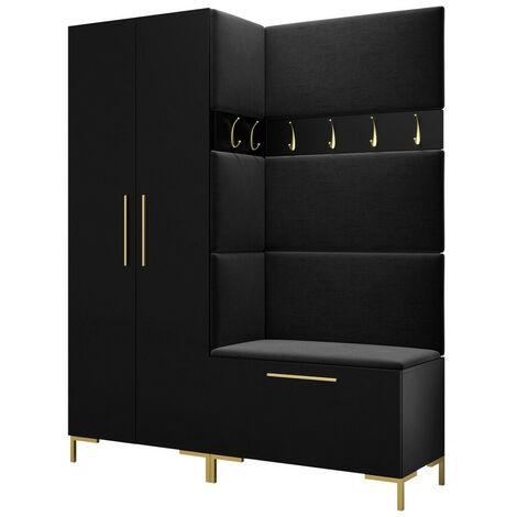 Mobilier1 – Meuble d'entrée noir 196x158x44cm – Stratifié et tissu – Murale ou à poser – Idéal pour espaces réduits