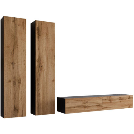Mobilier1 – Ensemble de salon 3 pièces noir et chêne wotan – Dimensions table TV 180x40x30 cm – Système 'Push to open' pour portes et tiroirs (1/4)