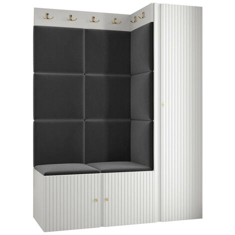 Meuble d'entrée Hartford 385, Blanc, 186x124x46cm, MDF, Stratifié, Tissu, Murale, À poser