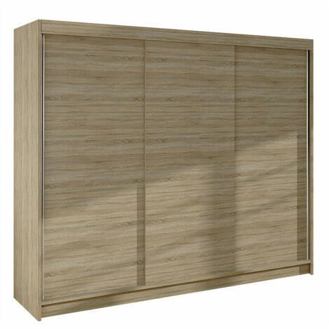 Mobilier1 – Armoire coulissante 3 portes Sonoma chêne 215x200x58cm – 9 étagères – Stratifié – Poignées métal