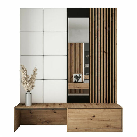 Mobilier1 – Meuble d'entrée Hartford 322 – Chêne artisan – Miroir inclus – Dimensions 205x172x42cm – Faux cuir stratifié à poser