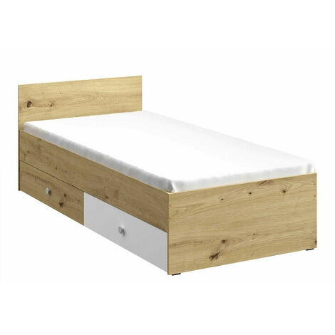 Lit Almira 113, Chêne Artisan + Blanc, Unique, 90x200, Stratifié, Sommier à lattes, 94x204x72cm (1/5)