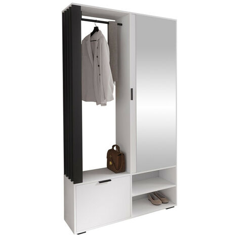 Mobilier1 – Meuble d'entrée Stanton 145 – Blanc et noir – Dimensions 190x100x33cm – Miroir intégré – Stratifié pour style moderne