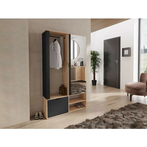 Meuble d'entrée Stanton 145, Chêne Artisan + Noir, 190x100x33cm, Miroir, Stratifié, À poser