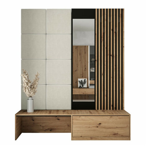 Mobilier1 – Meuble d'entrée Hartford 322 – Ensemble moderne en chêne artisan et finition Manila 02 – Dimensions 205x172x42cm – Miroir et stratifié