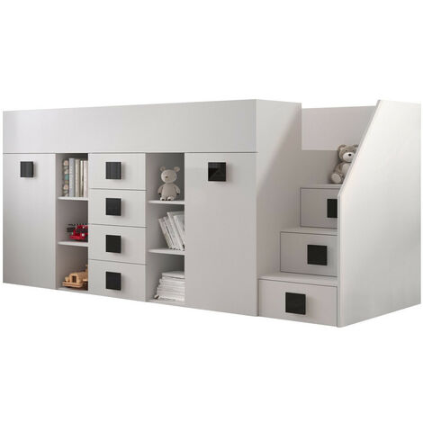 Lit haut Hartford 366, Blanc + Blanc brillant + Noir, Unique, 90x200, Stratifié, Sommier à lattes, 94x249x124cm (1/4)