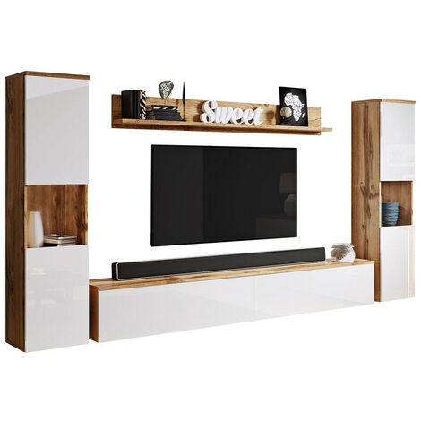 Meubles Salon Paris Avec LED Optionnel - Ensemble Vitrine, Meuble TV, Étagère - Wotan/Blanc