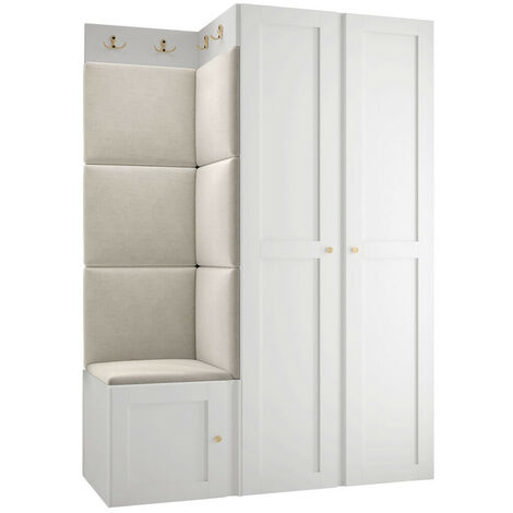 Mobilier1 – Meuble d'entrée Hartford 379 – Blanc – Dimensions 186x116x46cm – MDF stratifié – Panneaux muraux souples pour rangement esthétique