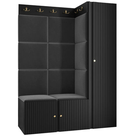 Meuble d'entrée Hartford 385, Noir, 186x124x46cm, MDF, Stratifié, Tissu, Murale, À poser