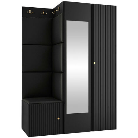Meuble d'entrée Hartford 388, Noir, 186x116x46cm, Disponible, MDF, Stratifié, Faux cuir, Murale, À poser