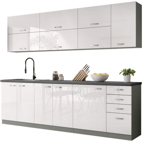 Mobilier1 – Ensemble de cuisine modulaire 260x50cm – Stratifié blanc brillant – Cadre gris – Poignées métal – Pour aménagement moderne