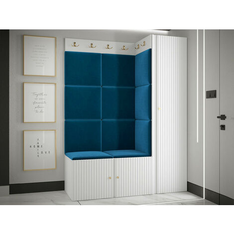 Meuble d'entrée Hartford 385, Blanc, 186x124x46cm, Tapisserie, MDF, Stratifié, À poser, À suspendre