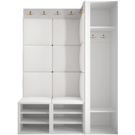 Meuble d'entrée Hartford 385, Blanc, 186x124x46cm, Tapisserie, MDF, Stratifié, À poser, À suspendre
