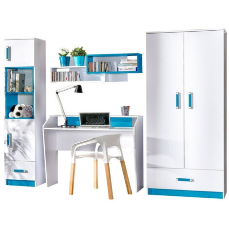 Mobilier1 – Chambre d'enfant complète 4 pièces – Blanc et turquoise – Stratifié 1.6 cm – Fabriquée en Union Européenne – Dimensions optimales pour confort