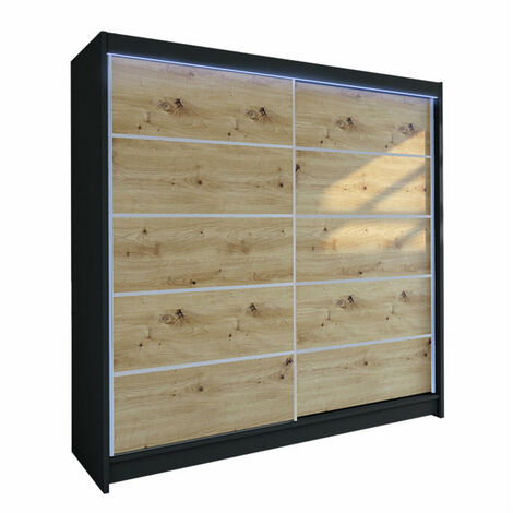 Armoire Closico 153, Noir + Chêne Artisan, 215x180x58cm, Portes d'armoire: Coulissantes, Nombre d'étagères: 5, LED (1/4)